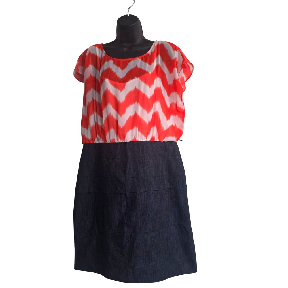 Alyx Limited Womens Size 16 Chevron Mixed Media‎ Denim Skirt Sheath Dress Orange